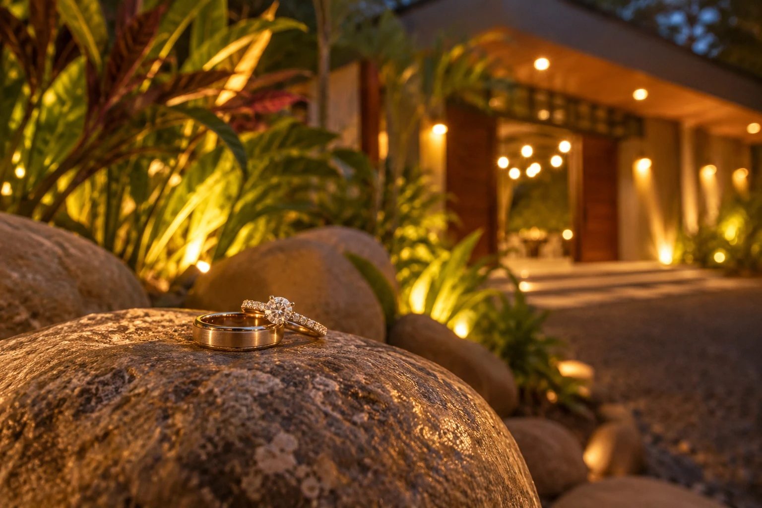 Anillos de boda sobre una piedra del jardín, con la entrada del salón al fondo