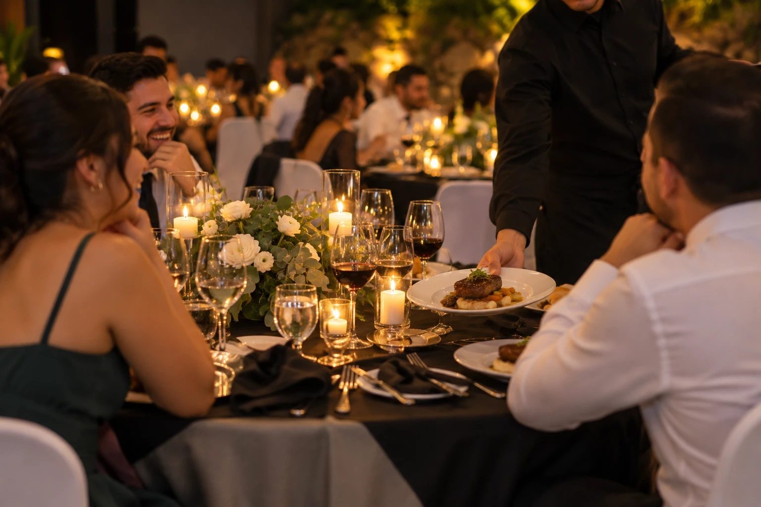 Invitados cenando en el banquete de una boda en el Centro Mirador