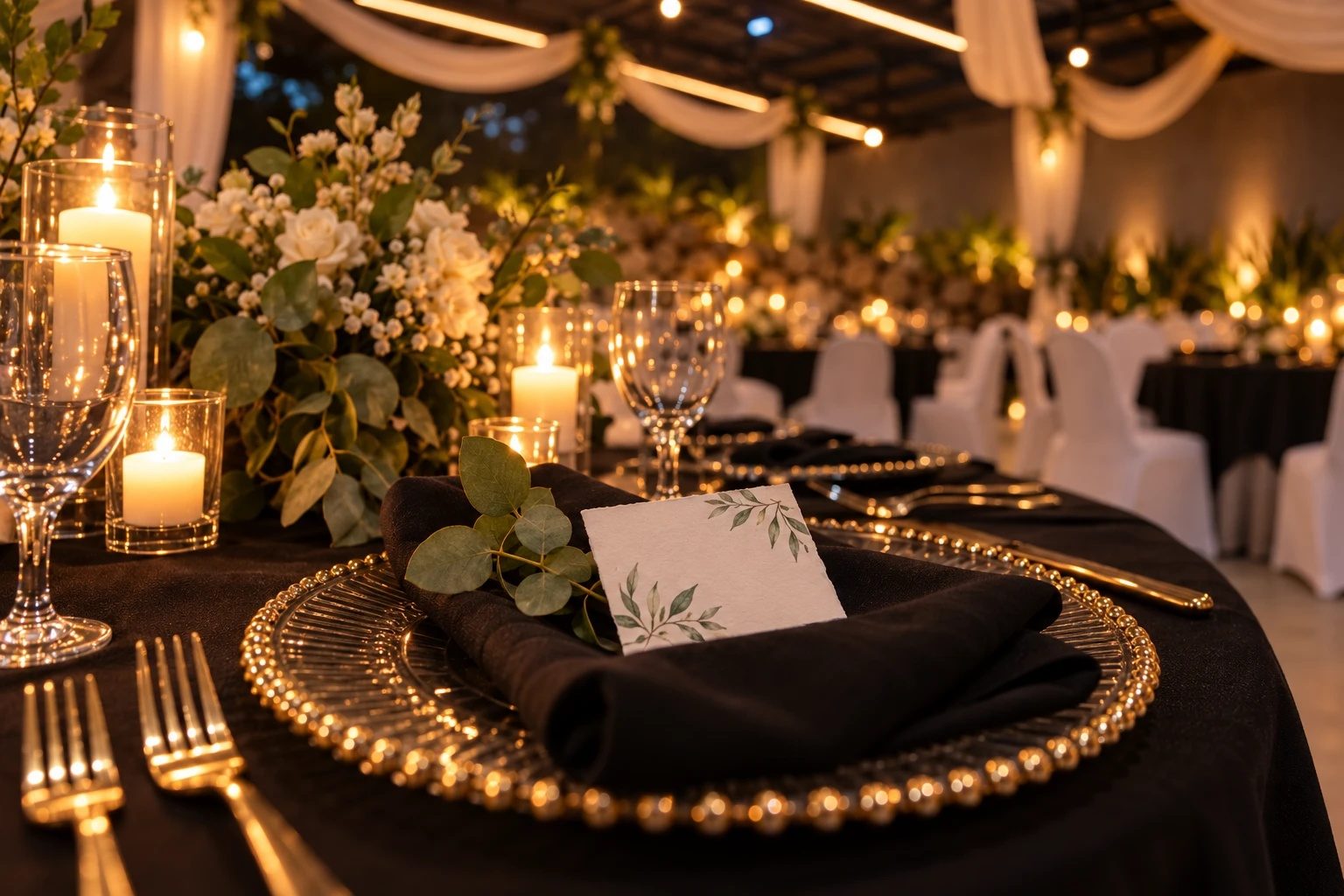 Detalle de mesa de boda con tarjeta, servilleta negra y velas
