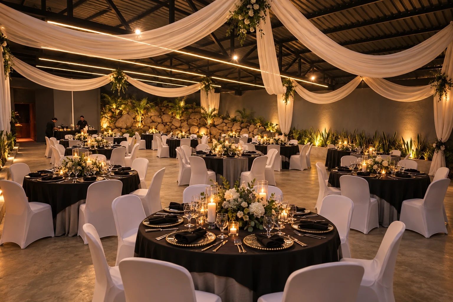 Salón montado para boda con mesas redondas, manteles negros y centros de flores blancas