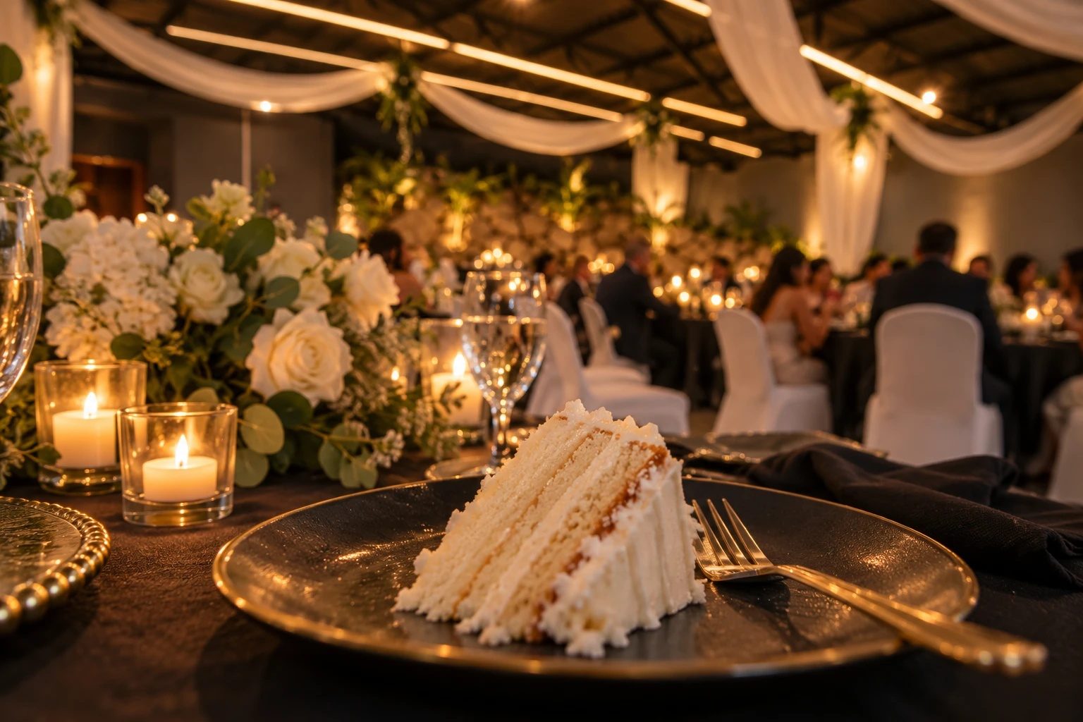 Porción de pastel de boda en la mesa del banquete