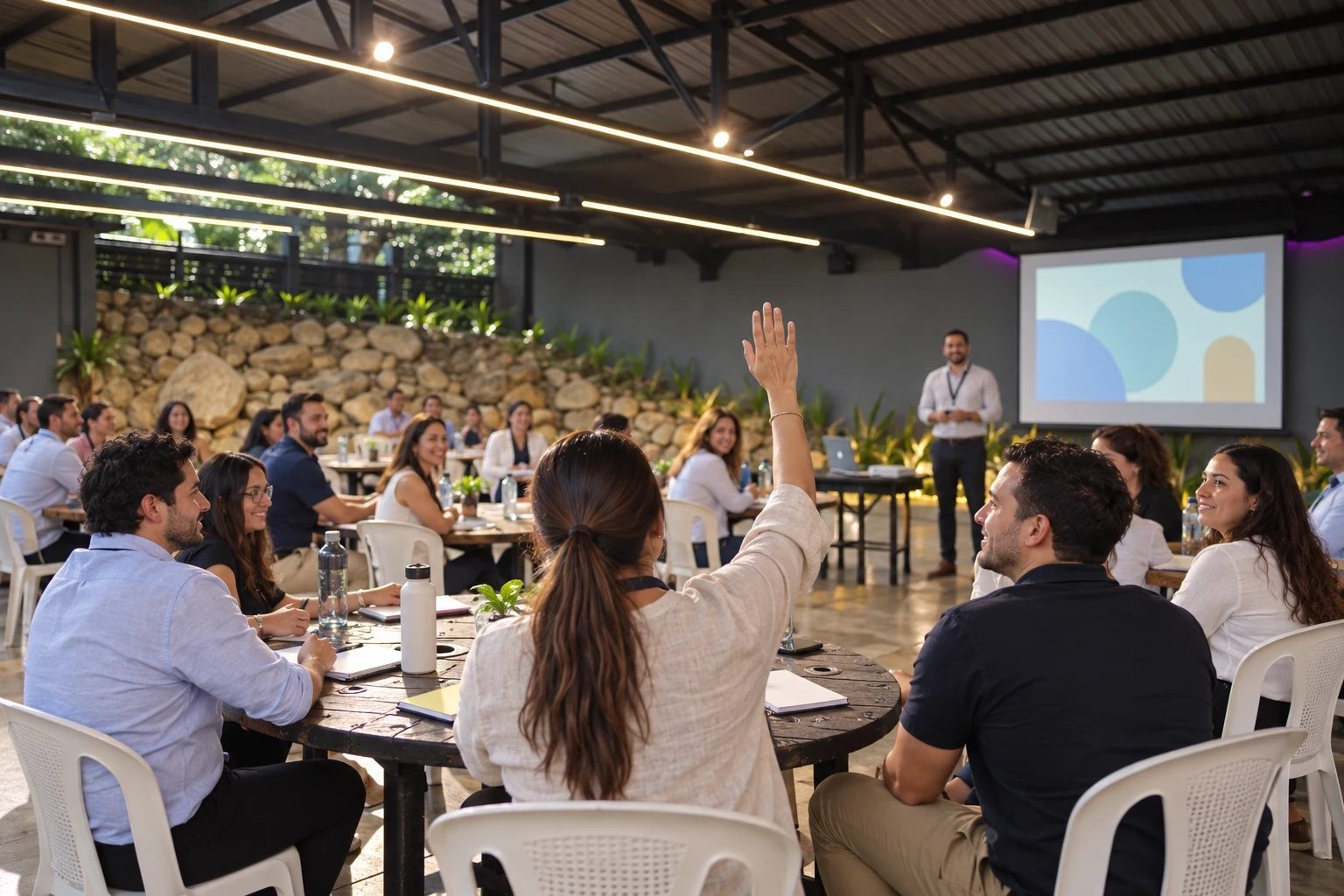 Capacitación en el salón: participante levanta la mano ante el facilitador