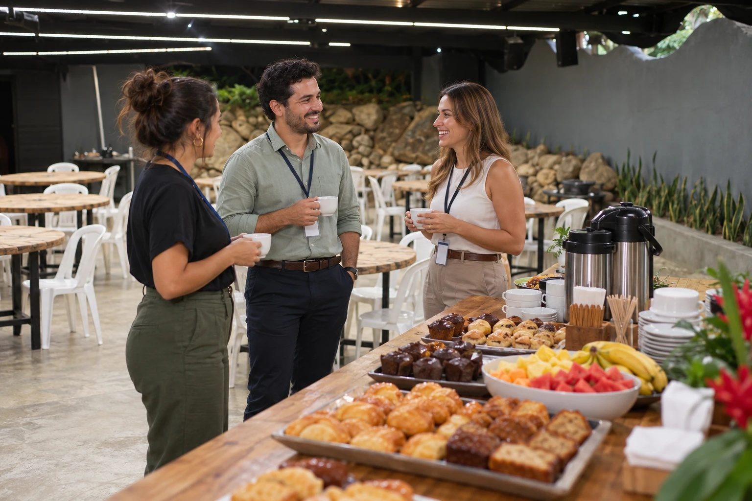 Receso con café y repostería en el salón durante una jornada corporativa