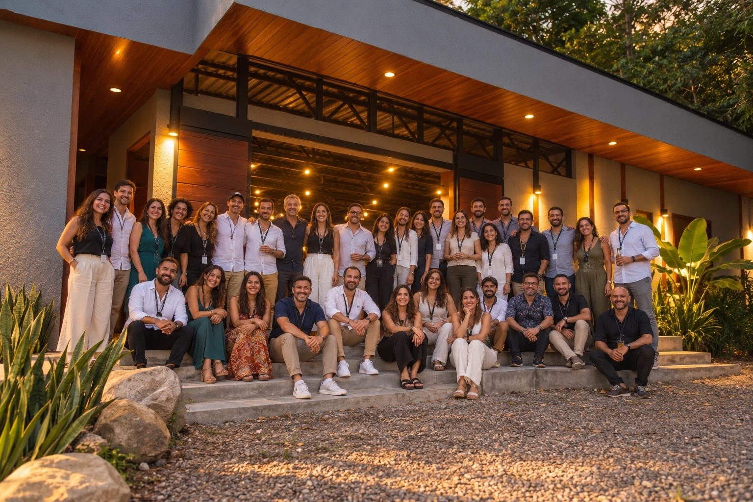 Foto de grupo de una empresa en la entrada del Centro Mirador al atardecer