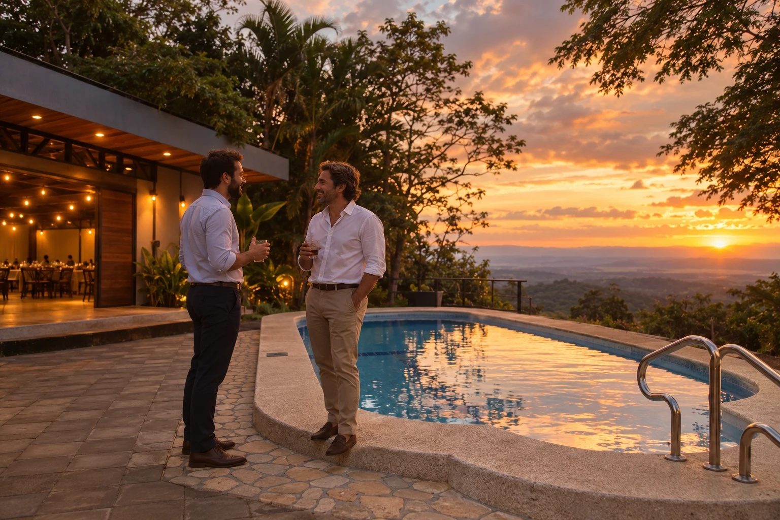 Dos participantes conversan junto a la piscina al atardecer después de la jornada