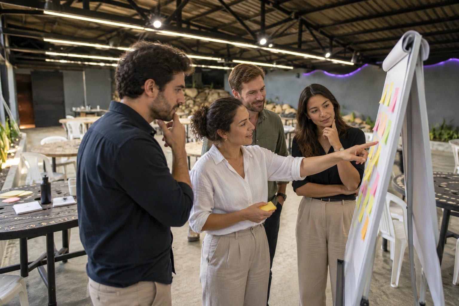 Equipo trabajando con notas adhesivas en un rotafolio dentro del salón