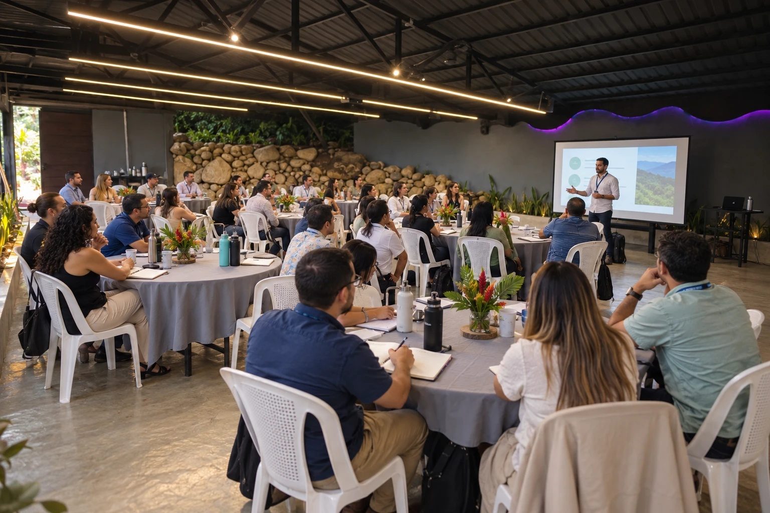 Seminario corporativo en el salón del Centro Mirador con mesas redondas y pantalla