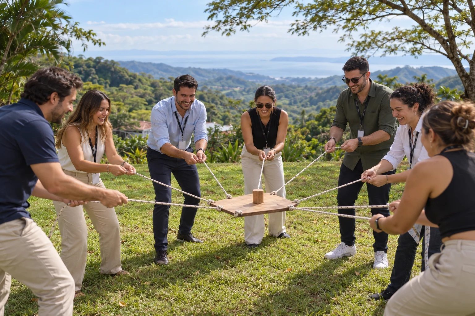 Actividad de team building en el jardín con vista al Golfo de Nicoya